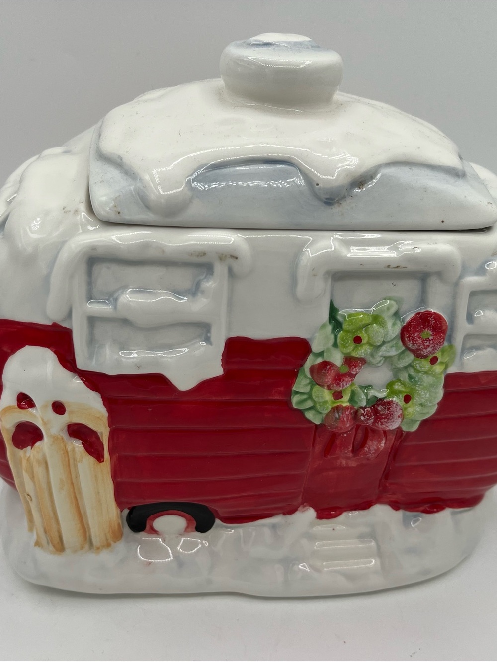Holiday Time Red, White & Green Ceramic Camper Cookie Jar